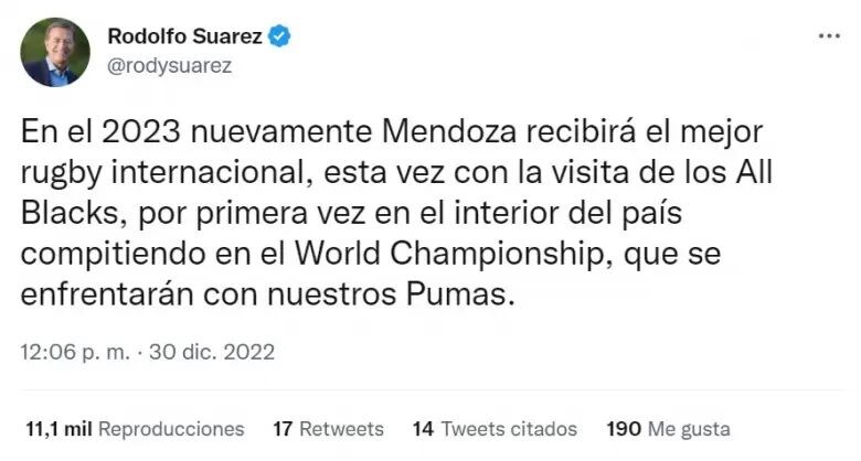 Los Pumas vs All Blacks en Mendoza confirmado por el Gobernador Rodolfo Suárez.