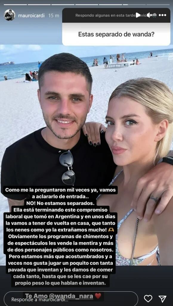 Mauro Icardi negó la separación con Wanda a través de sus historias de Instagram.