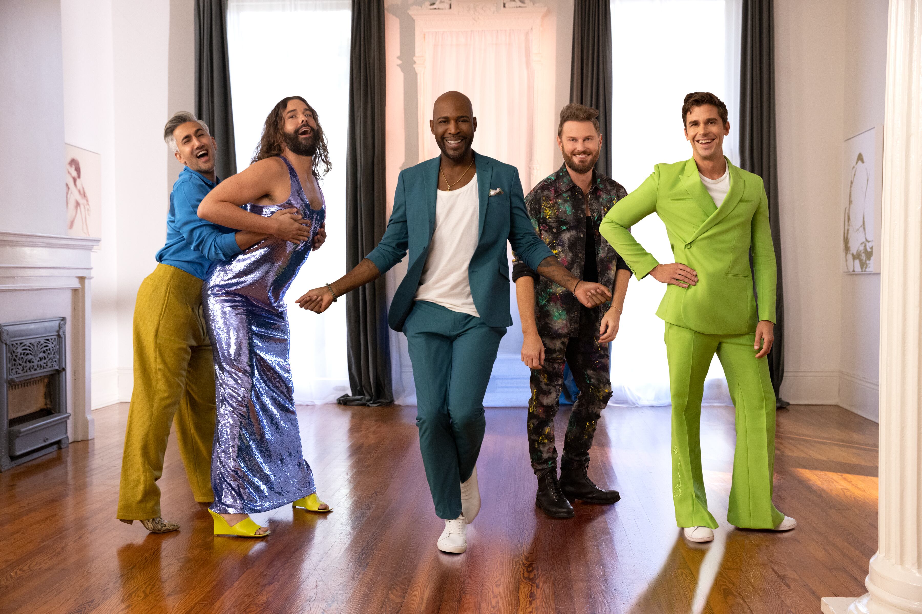 Queer Eye. (L to R) Tan France, Jonathan Van Ness, Karamo Brown, Bobby Berk, Antoni Porowski in Queer Eye. Cr. Iiana Panich-Linsman/Netflix © 2023