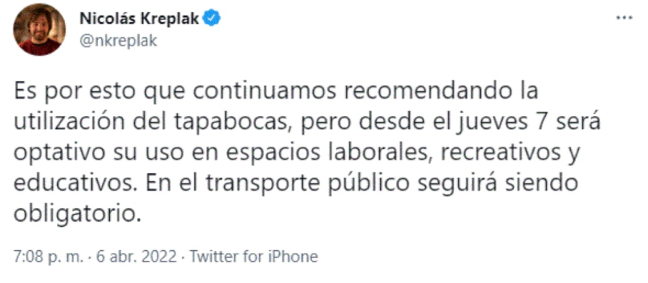 El ministro de Salud de la provincia comunicó que a partir del jueves 7 deja de ser obligatorio el uso de barbijos en las escuelas y en el trabajo.