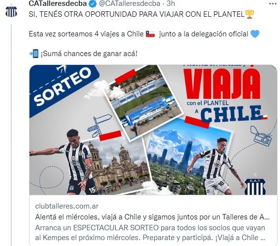 Sorteo para viajar a Perú, y ahora también para ir a Chile, junto a la delegación de Talleres.