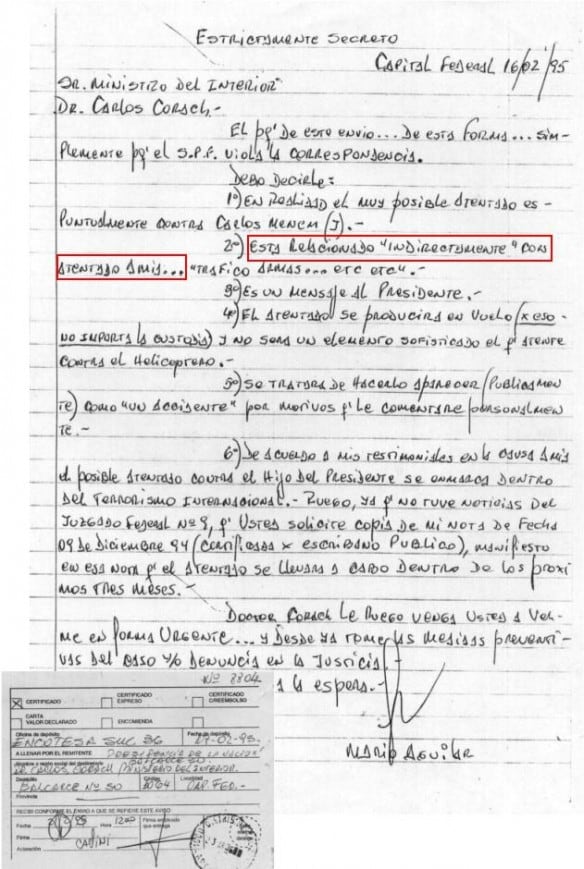 La carta que llegó a Carlos Corach antes del atentando contra el hijo de Carlos Menem.