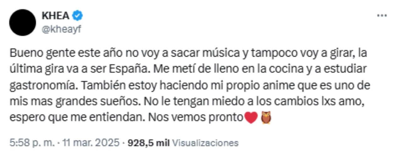 El joven trapero comunicó la decisión a sus seguidores a través de X.