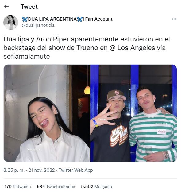 Dua Lipa y Aron Piper coincidieron con Trueno en un evento y revolucionaron las redes