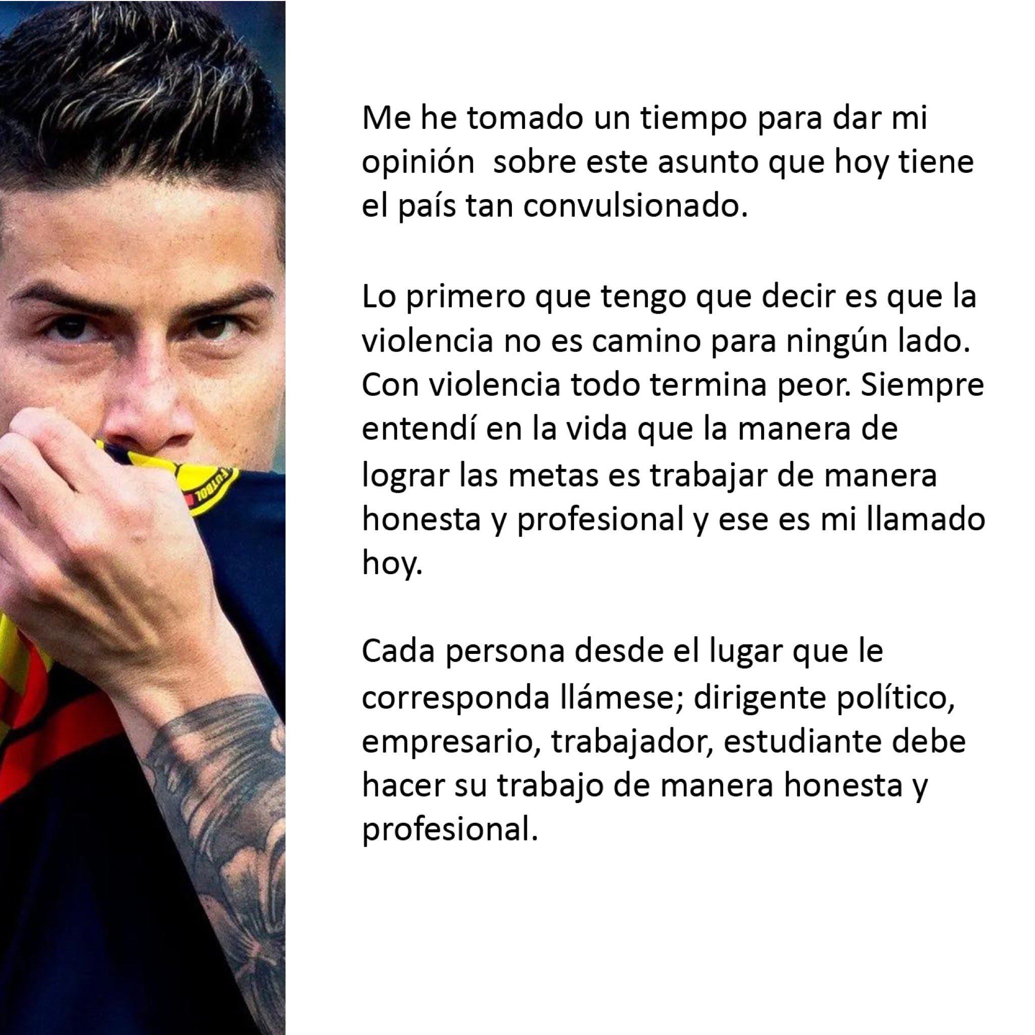 James Rodríguez publicó un comunicado en redes sociales por la situación en Colombia