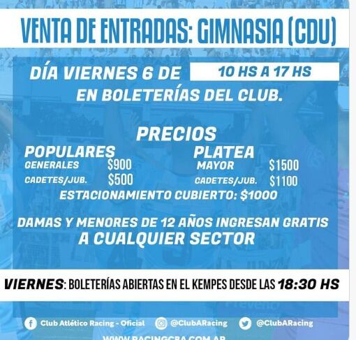 Los precios de entradas para ver a Racing este viernes en el Kempes.