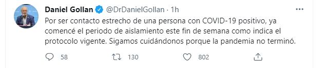 Daniel Gollan aislado por contacto estrecho