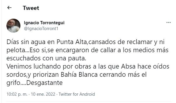 Desde Twitter Ignacio Torrontegui cuestionó a ABSA y los medios de comunicación.