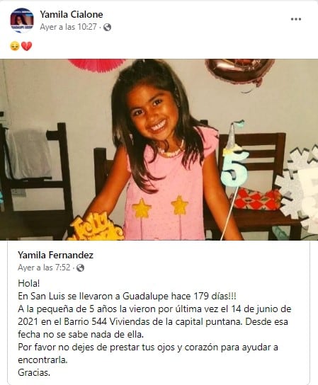 Posteo de Yamila Cialone, mamá de Guadalupe Lucero