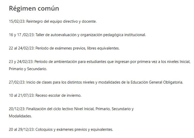 El calendario académico del régimen común en Córdoba.