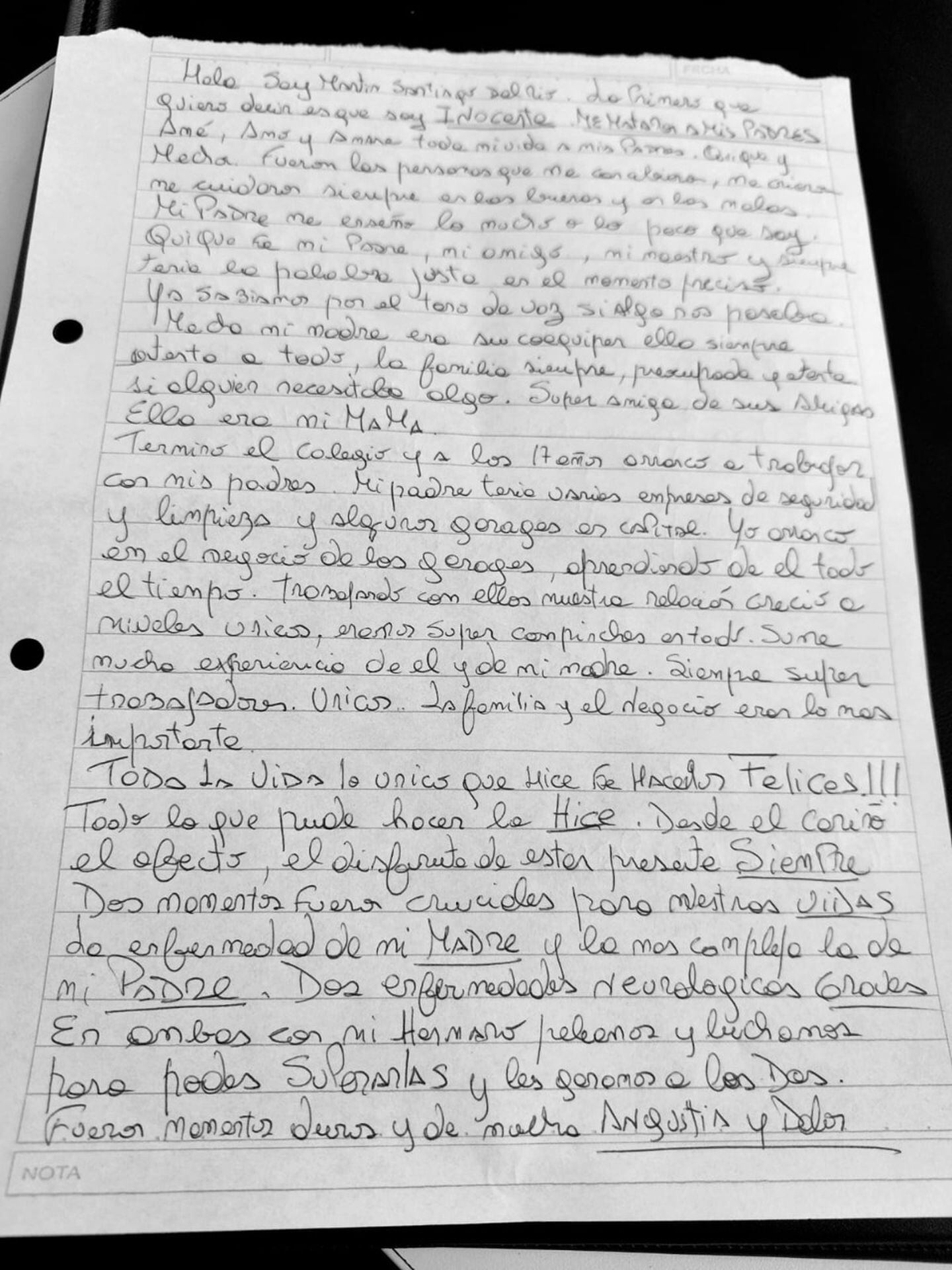 La carta que escribió el hijo del matrimonio asesinado en Vicente López. El hombre de 47 años aseguró que es inocente.