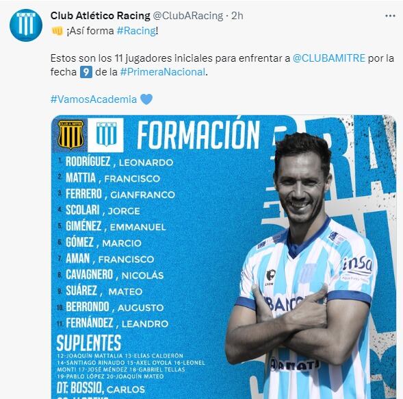 La formación de Racing en Santiago, con nueva dupla de ataque por las lesiones.