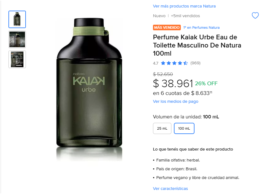 Este es el perfume masculino más vendido de Natura en Mercado Libre.