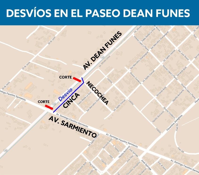 Desvíos en el tránsito por obras en el Paseo Dean Funes.