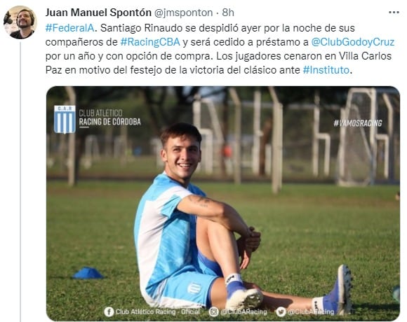 El lateral Santiago Rinaudo era titular indiscutido en Racing.