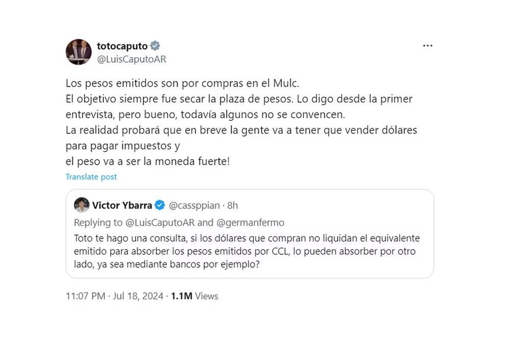 Luis Caputo festejó en Twitter el resultado de las últimas medidas tomadas por su cartera.