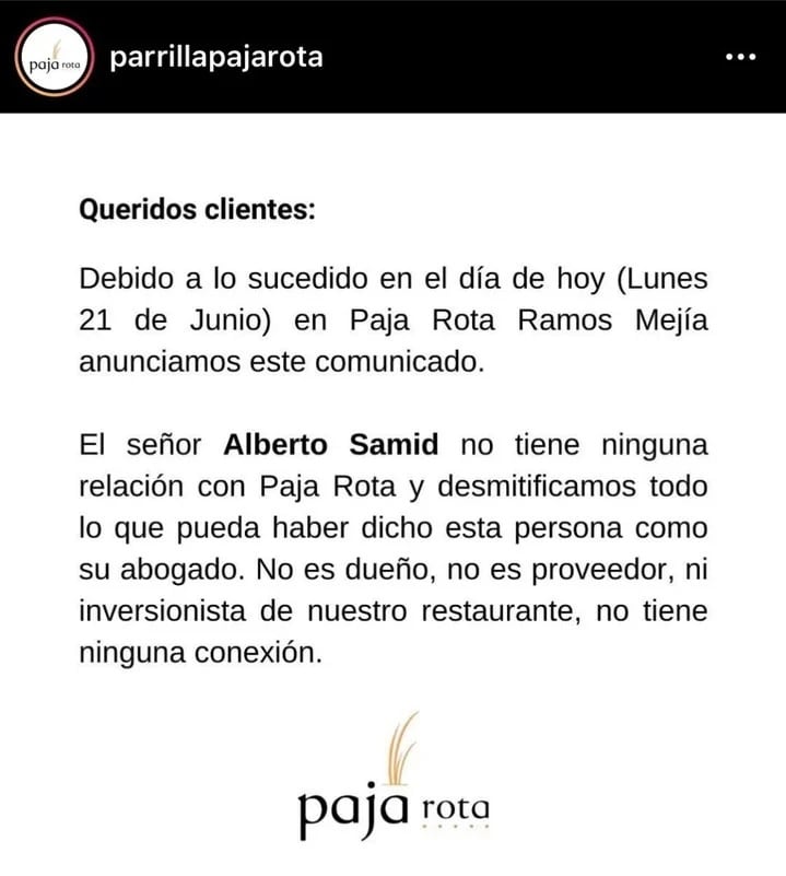 Comunicado de la parrilla "Paja Rota" despegándose de Alberto Samid