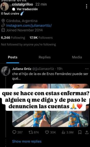 El tweet de la ex de Enzo Fernández sobre su hijo.