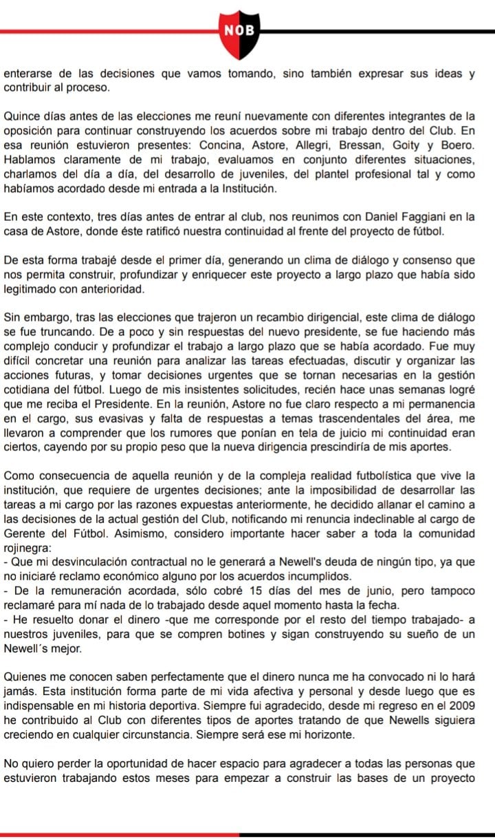 Carta de renuncia de Lucas Bernardi como manager de Newell's