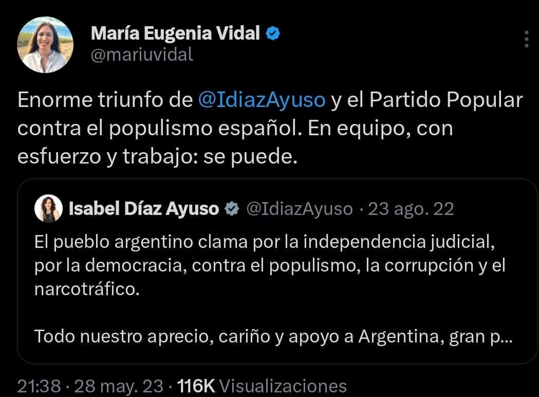 María Eugenia Vidal felicitó a la derecha española por el triunfo de las elecciones regionales.