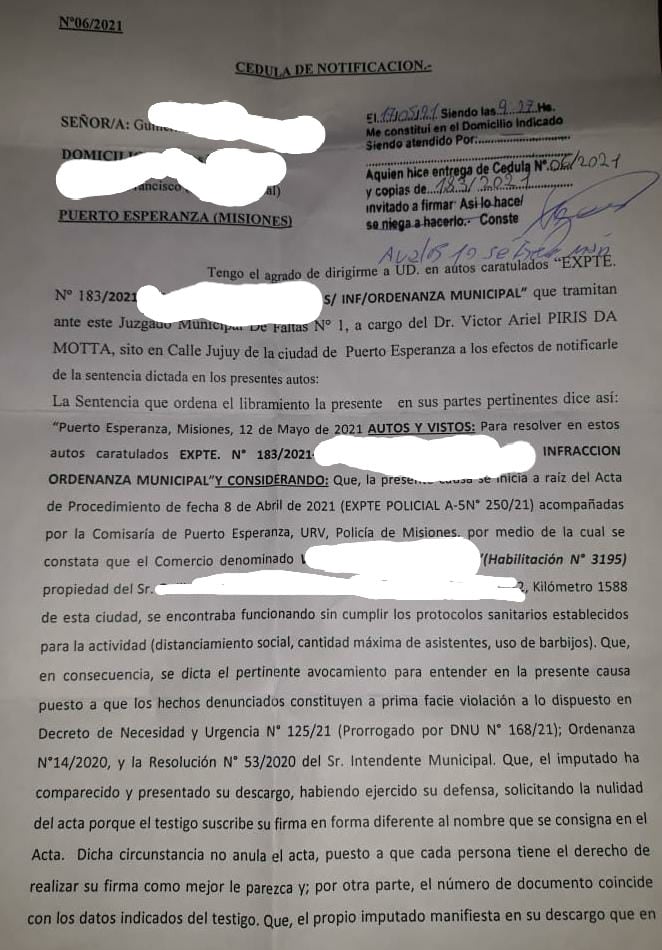 Acta elaborado por el Tribunal de Falta de Puerto Esperanza.