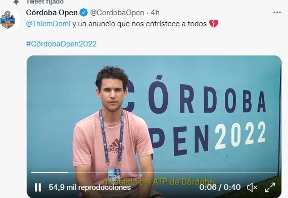 El austriaco Dominic Thiem anunció su deserción por un esguince en la mano.