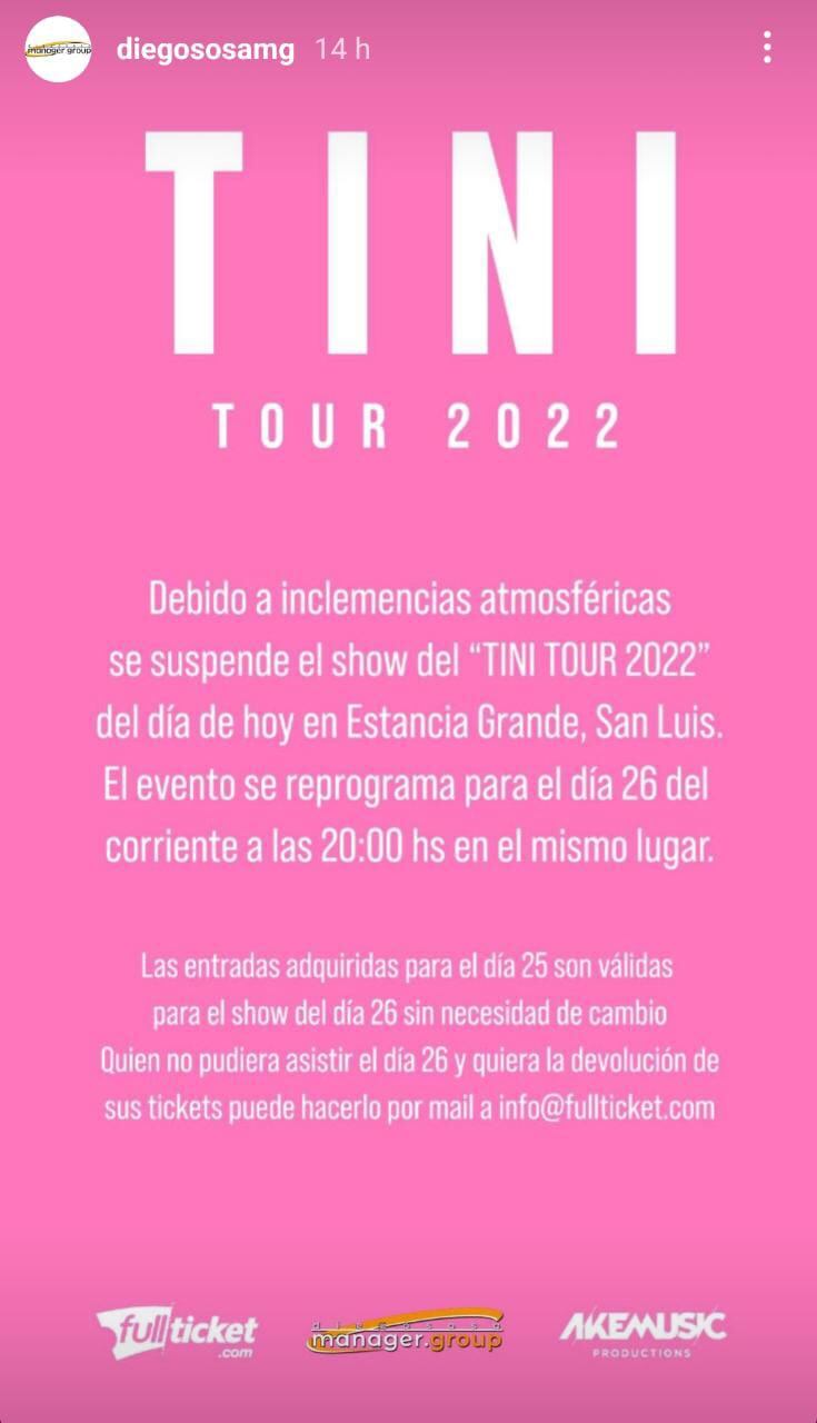 Show postergado de Tini en San Luis