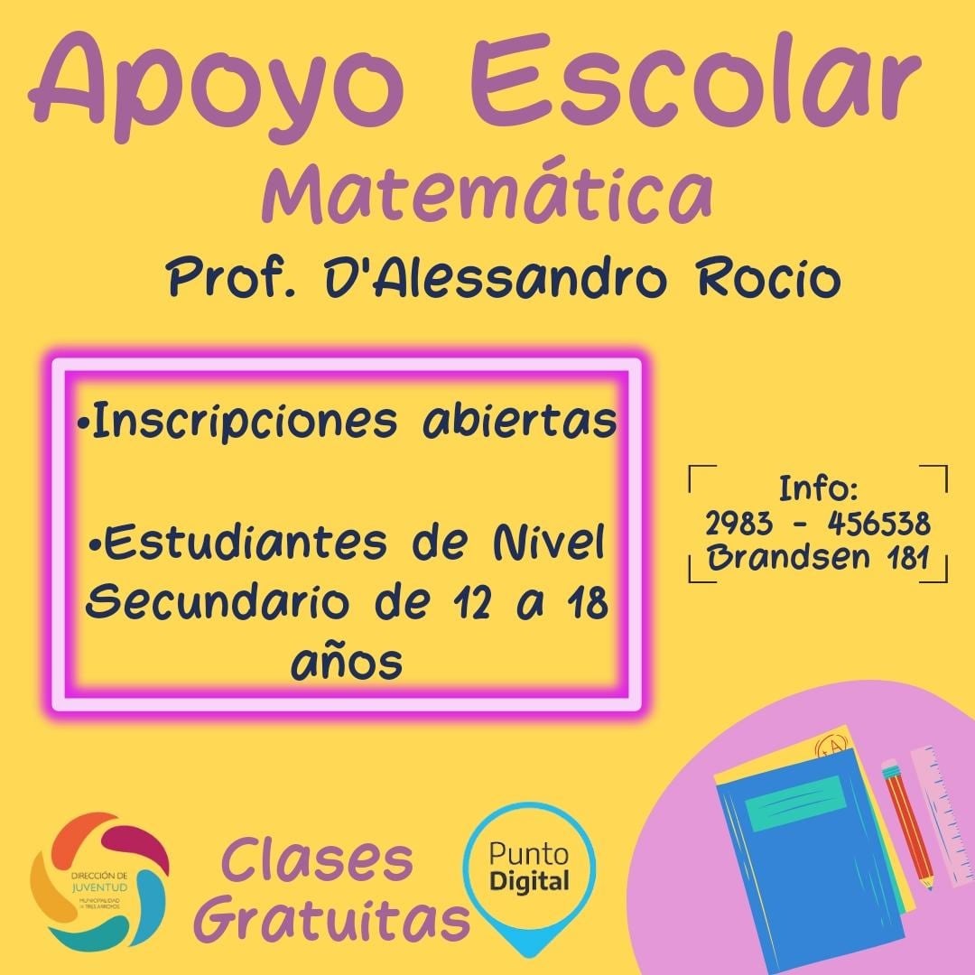 La Dirección de Políticas para la Juventud de Tres Arroyos dictará clases gratuitas de apoyo escolar de Matemática