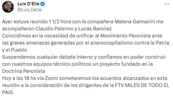 Luis D'Elia se suma al llamado de unificación del peronismo