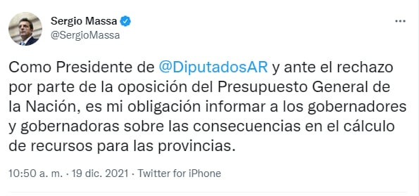 El hilo de Twitter con el que comenzó haciendo los anuncios Sergio Massa tras el rechazo del Presupuesto 2022.