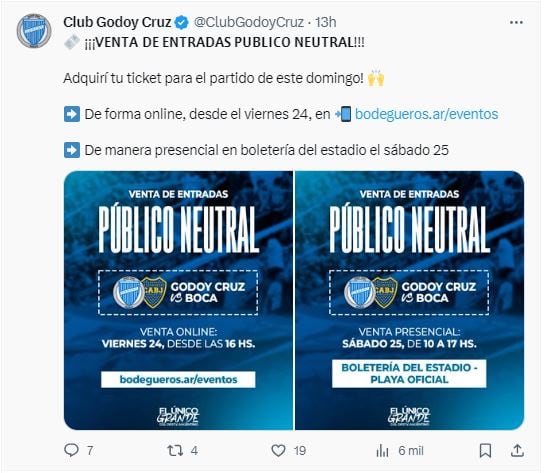 Venta de entradas para hinchas neutrales