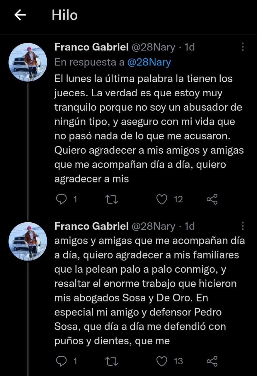 Franco "Nary" González se expresó en sus redes en medio del juicio en el que es acusado de violación.