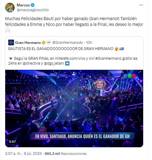 El saludo de Marcos Ginocchio a los finalistas y ganador de Gran Hermano 2024