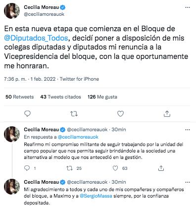 Cecilia Moreau se sumó a la decisión de Máximo Kirchner y puso a disposición su renuncia como vicepresidenta del bloque.