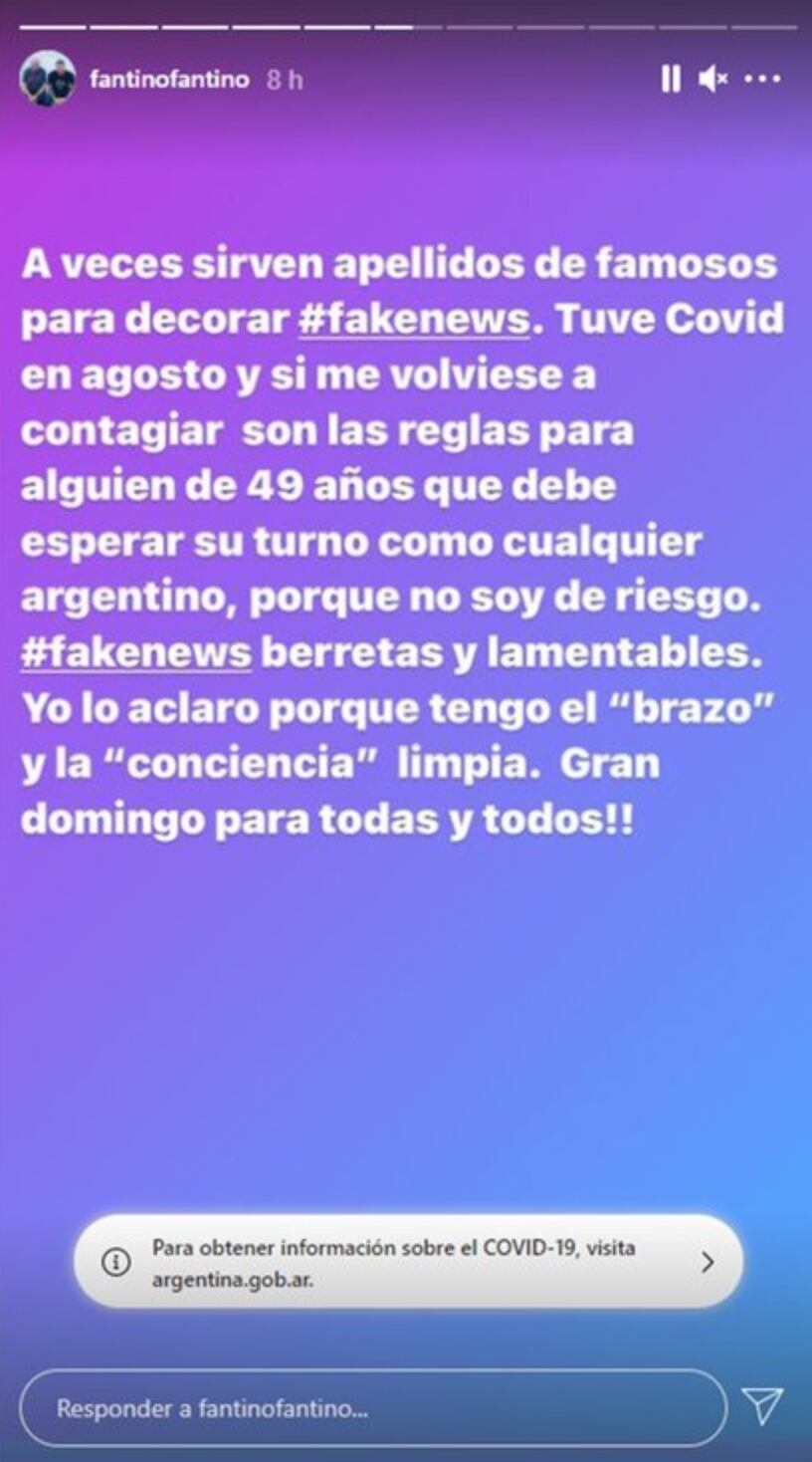 Fantino explicó que ya tuvo Covid-19 y aseguró que no se vacunó.