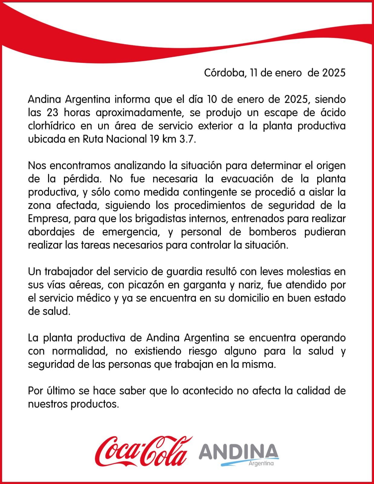 El comunicado oficial de Coca Cola tras el derrame ocurrido en su planta.