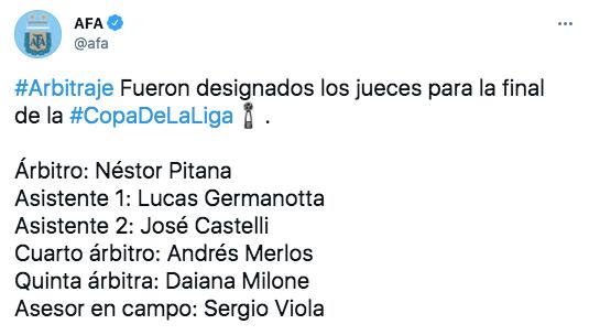 La AFA confirmó a Néstor Pitana como árbitro para la final de la Copa de la Liga Profesional entre Colón y Racing.