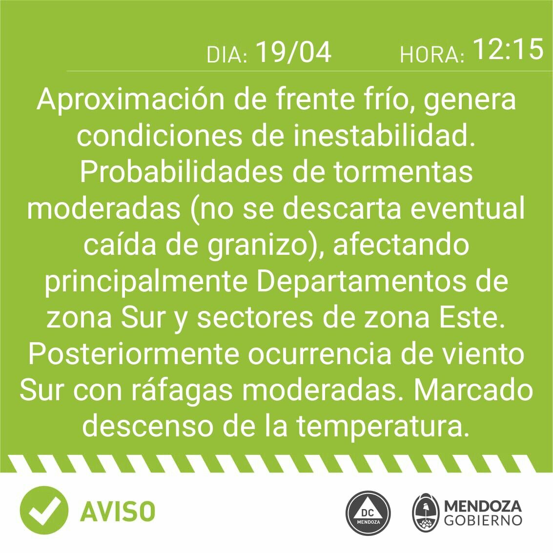 Defensa Civil emitió un alerta meteorológica y se esperan tormentas con eventual caída de granizo.