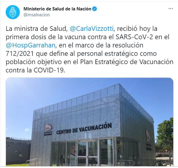 Carla Vizzotti recibió la primera dosis de Sputnik V