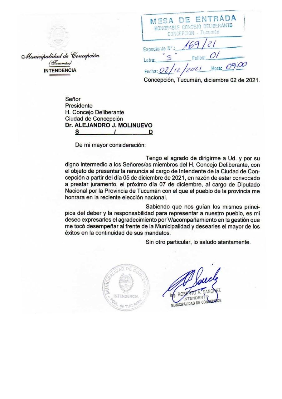 Sánchez renunció a la intendencia de Concepción.