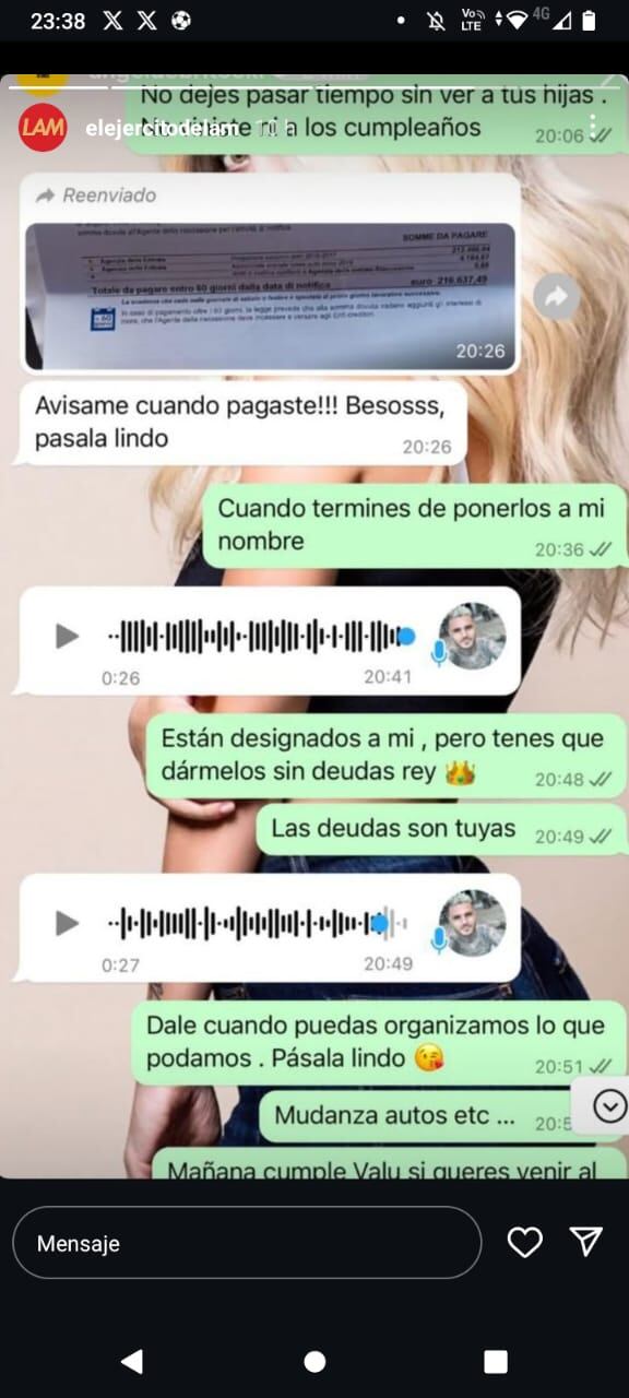 Se filtró el chat entre Wanda Nara y Mauro Icardi en disputa por sus autos