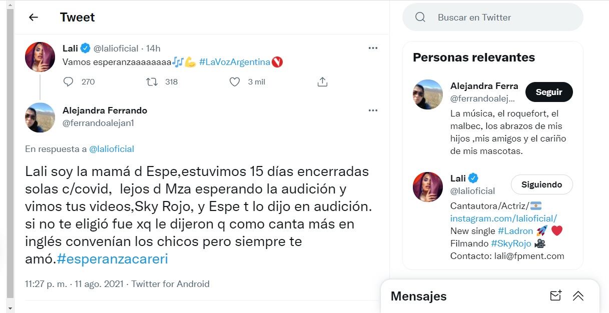 Alejandra, la mamá de Esperanza Careri le confesó a Lali por qué no la eligió antes.