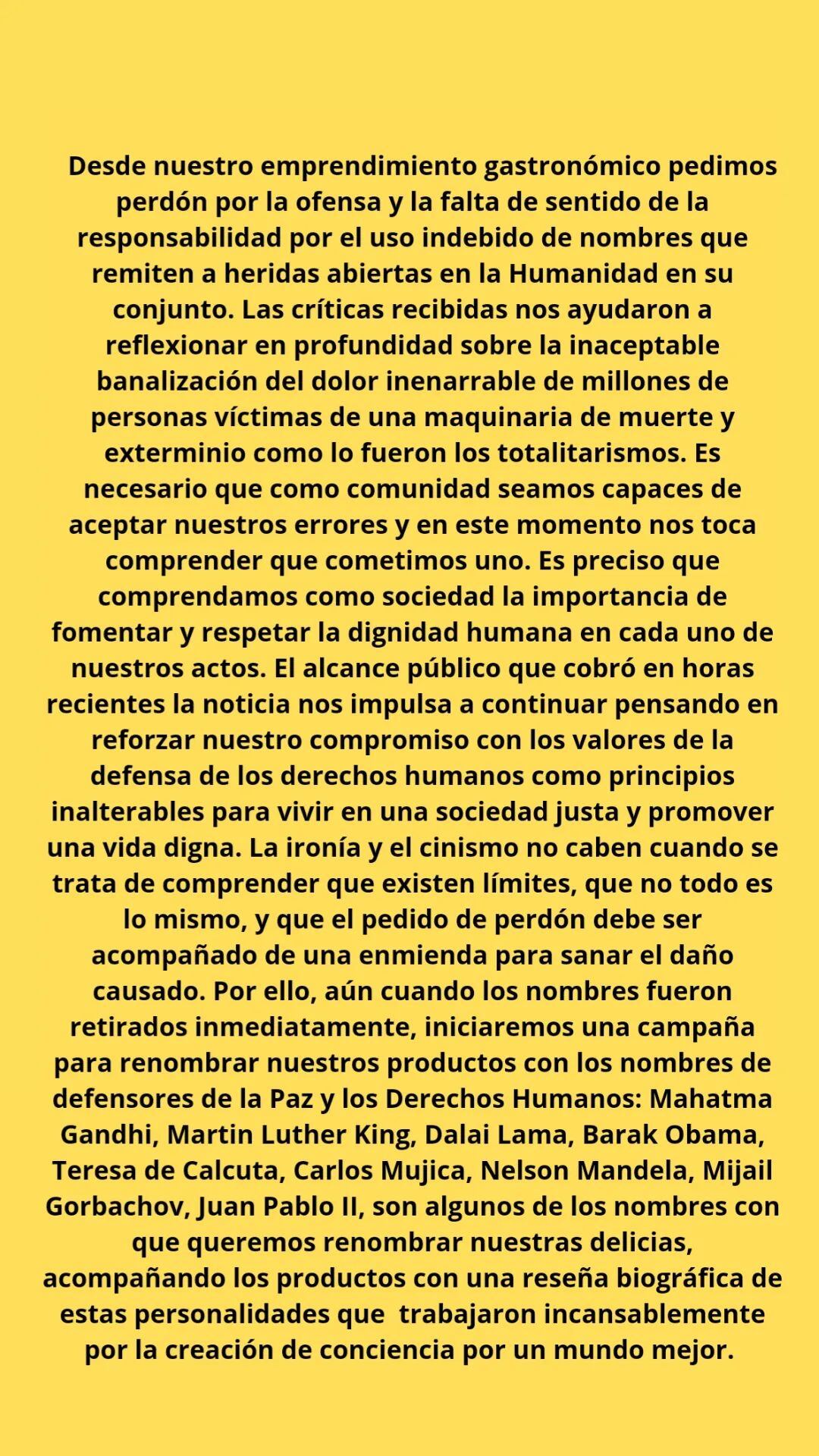 Honky Donky Food admitió su error y renombrará sus productos con nombres de premios Nobel de la Paz