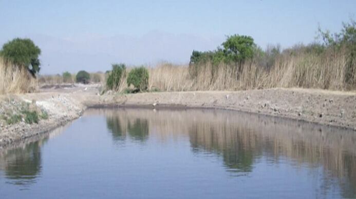 Laguna con efluente recuperado al final del tratamiento con MEj, en predios de Proyajo, en Perico (Jujuy).