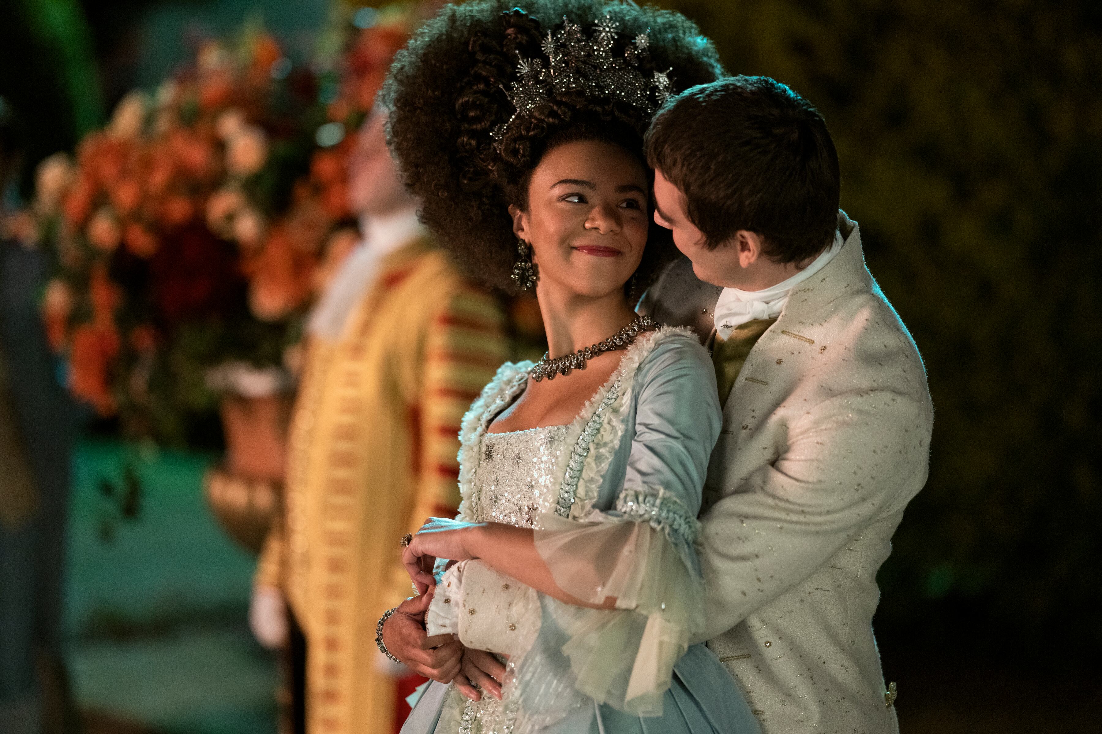 Queen Charlotte: A Bridgerton Story. (L to R) India Amarteifio as Young Queen Charlotte, Corey Mylchreest as Young King George in episode 106 of Queen Charlotte: A Bridgerton Story. Cr. Nick Wall/Netflix © 2023