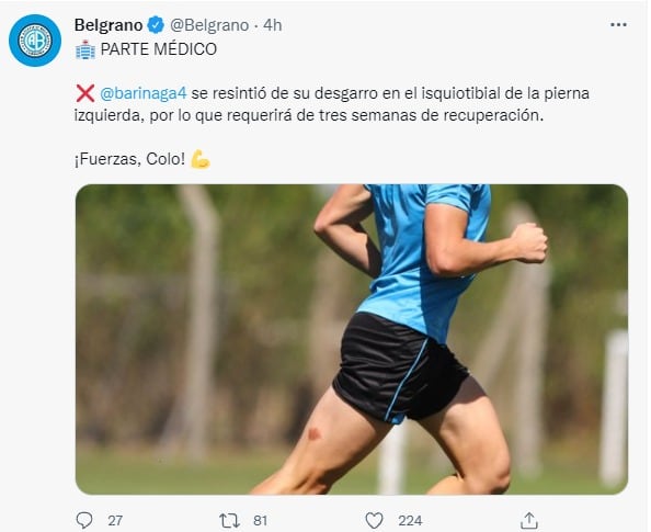 El Colo Barinaga se resintió en la zona del desgarro y estará otras tres semanas afuera.