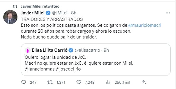 Javier Milei defendió a Mauricio Macri de los dichos de Elisa Carrió (Twitter)