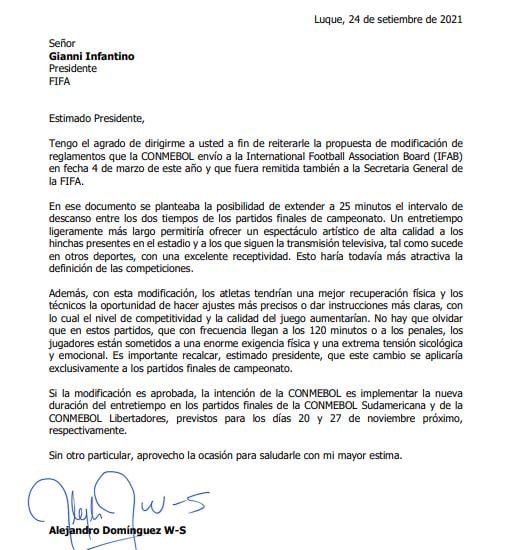 El comunicado de la Conmebol a la FIFA.