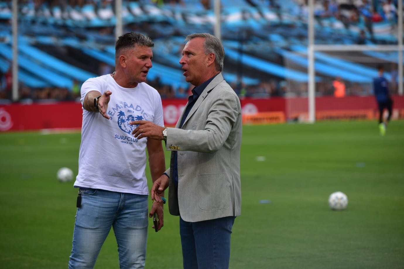 Luis Fabián Artime y Andrés Fassi, presidentes de Belgrano y Talleres, en el Gigante de Alberdi en la previa del clásico. (La Voz)