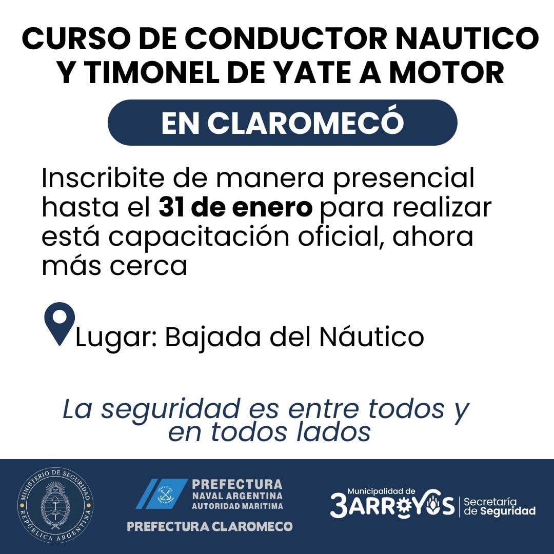 Curso de Conductor Náutico y Timonel de yate a motor en Claromecó